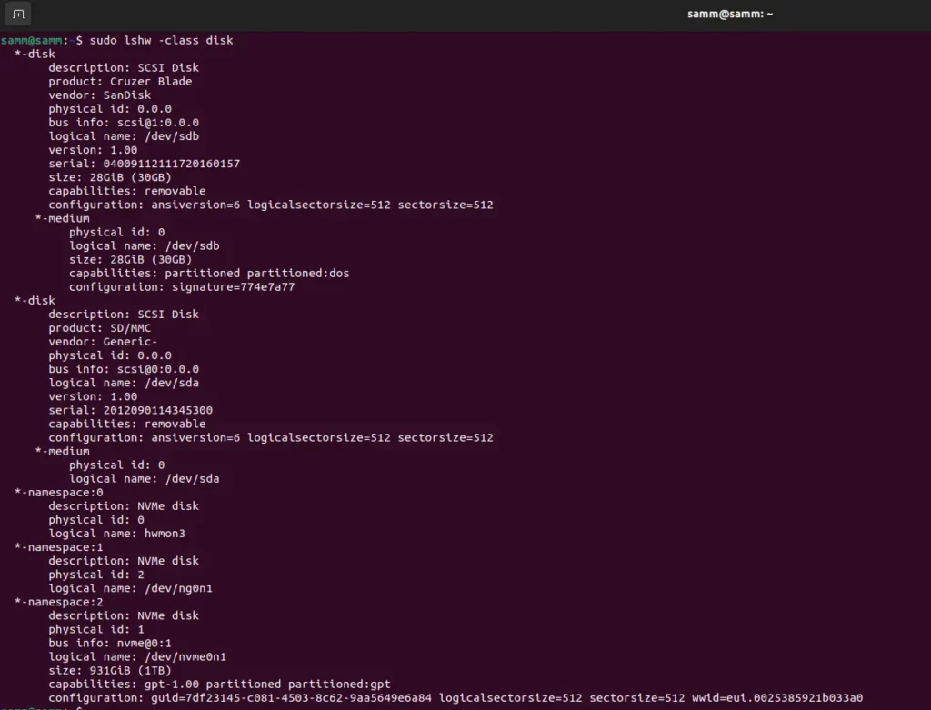 Linux Storage Device Details